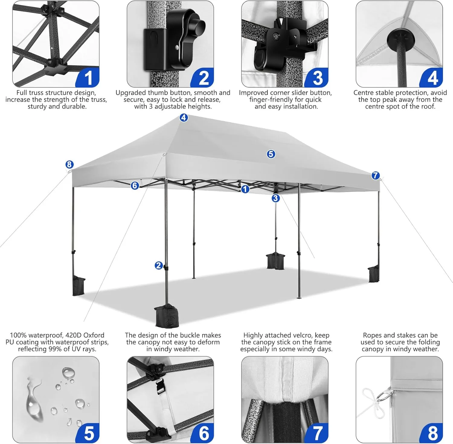COBIZI Pop up Canopy Tent 10x20 Heavy Duty Gazebo with 6 Sidewalls, UPF 50  All Weather Waterproof Commercial Outdoor Wedding Party Tents Canopy with Roller Bag,White