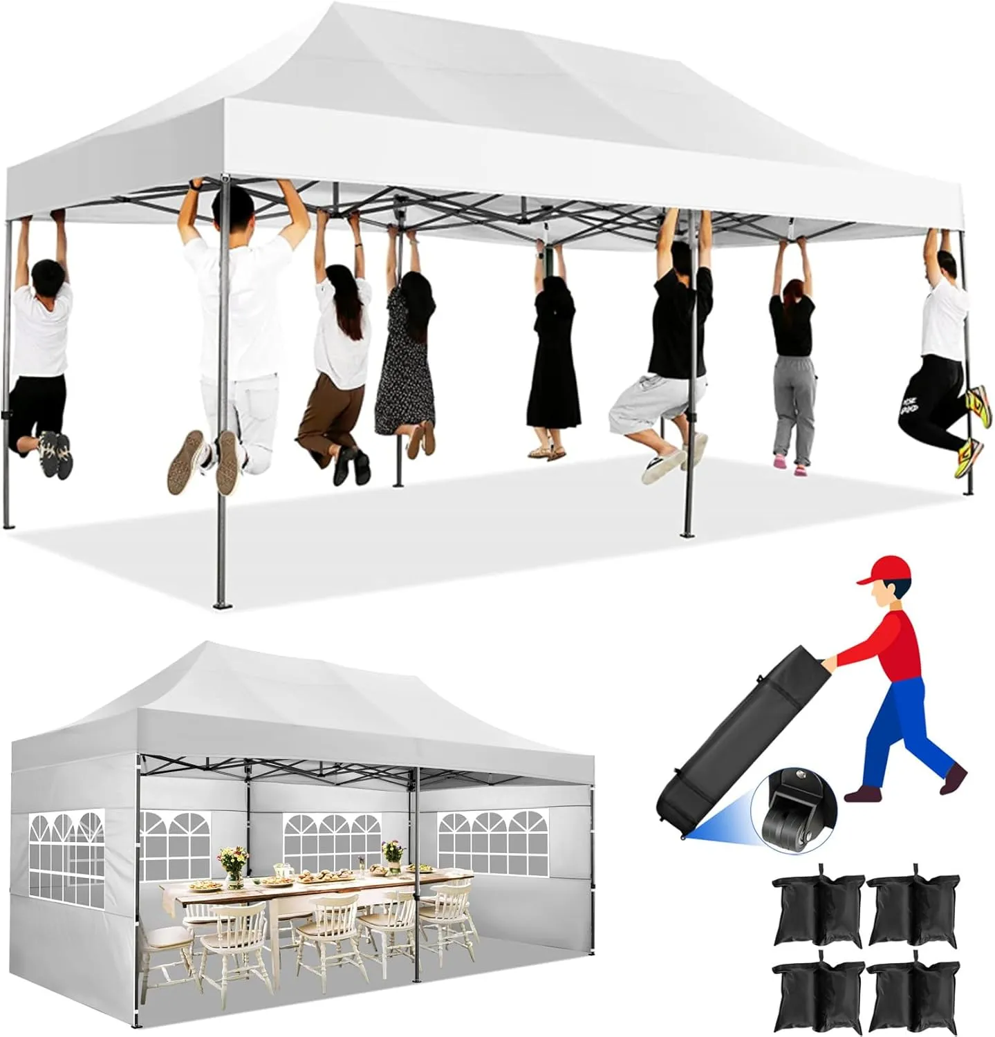 COBIZI Pop up Canopy Tent 10x20 Heavy Duty Gazebo with 6 Sidewalls, UPF 50  All Weather Waterproof Commercial Outdoor Wedding Party Tents Canopy with Roller Bag,White