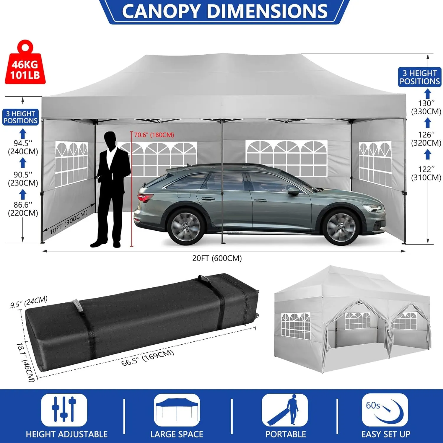 COBIZI Pop up Canopy Tent 10x20 Heavy Duty Gazebo with 6 Sidewalls, UPF 50  All Weather Waterproof Commercial Outdoor Wedding Party Tents Canopy with Roller Bag,White