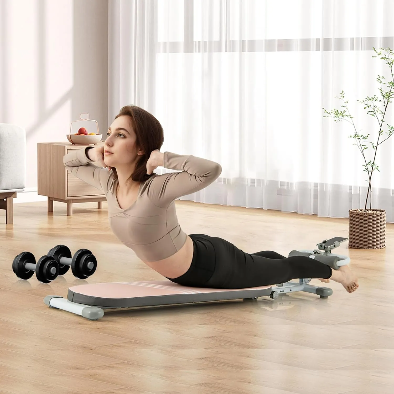 Compact Sit Up Bench, Multi-Functional Flat Bench for Abdominal Muscles Core Strength Training, Adjustable Length & 3-Position Rollers, Folding Abs Workout Equipment for Home Gym Fitness