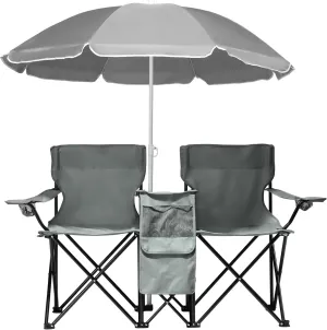 Double Folding Camping Chair with Built-in Umbrella, Foldable Side Table, Beverage Holder, Carrying Bag & Cooler Bag - Ideal for Patio, Poolside, Park, Outdoor Beach, and Picnics (Gray)