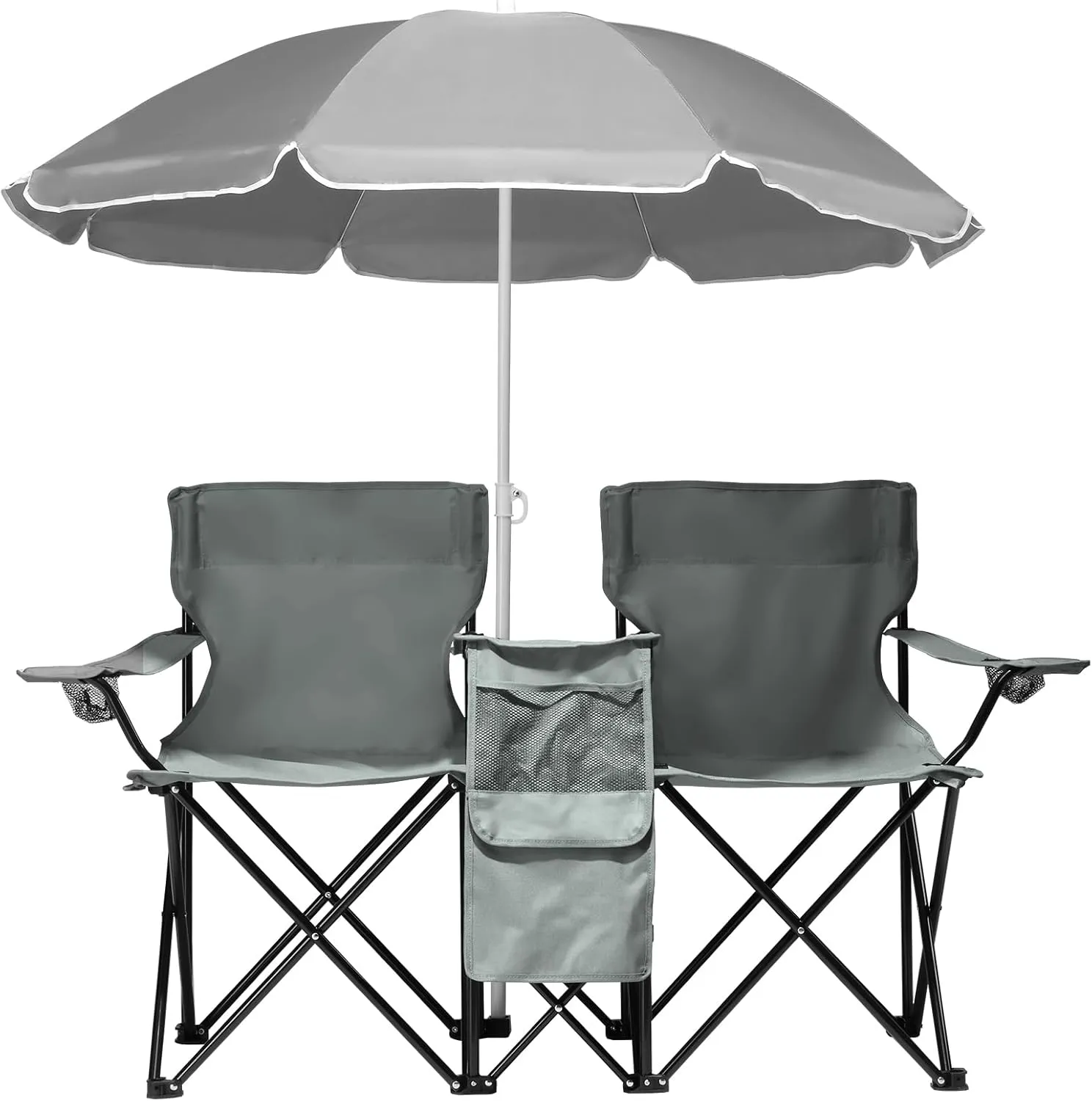 Double Folding Camping Chair with Built-in Umbrella, Foldable Side Table, Beverage Holder, Carrying Bag & Cooler Bag - Ideal for Patio, Poolside, Park, Outdoor Beach, and Picnics (Gray)