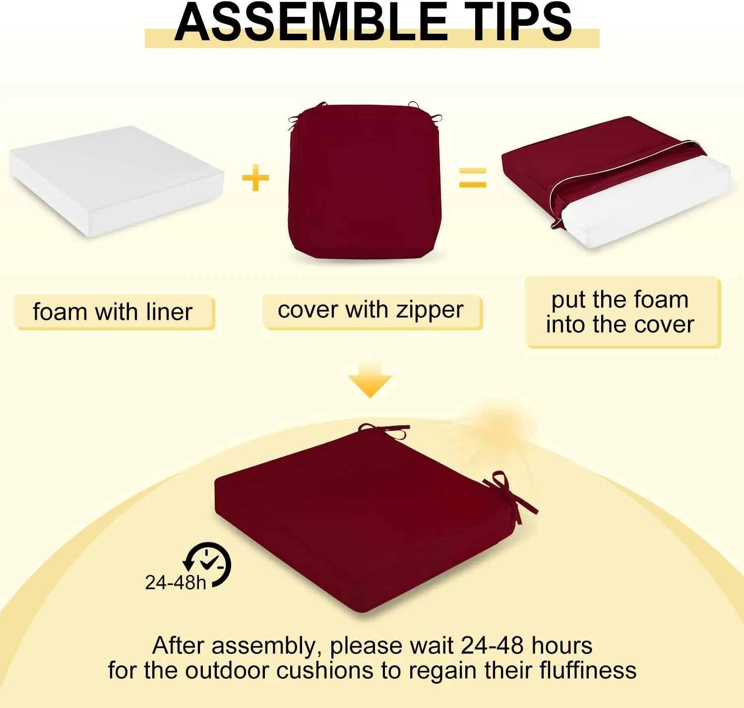 downluxe Waterproof Outdoor Chair Cushions for Patio Furniture, 19" x 19" x 2" Patio Chair Cushion with Adjustable Ties & Portable Handle, Square Outdoor Cushion with Removable Cover, Burgundy, 2 Pack