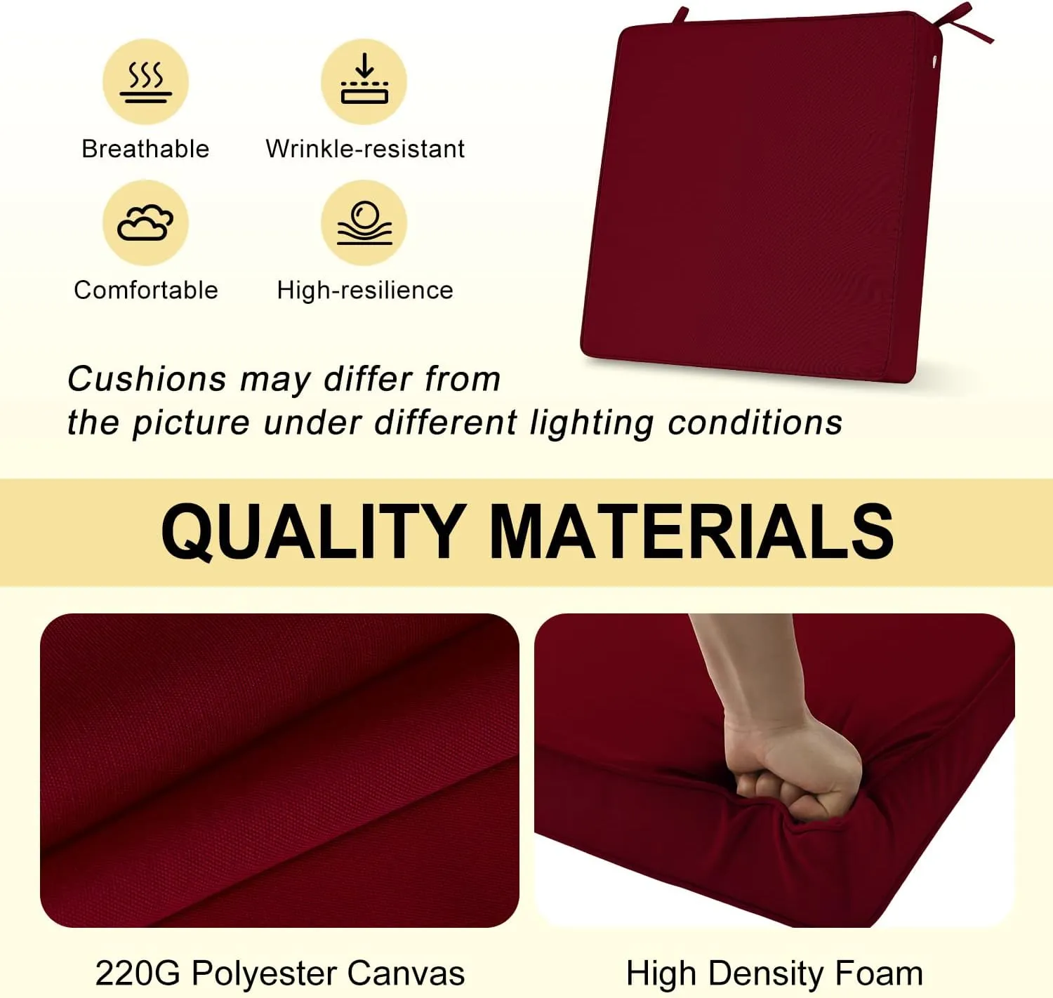 downluxe Waterproof Outdoor Chair Cushions for Patio Furniture, 19" x 19" x 2" Patio Chair Cushion with Adjustable Ties & Portable Handle, Square Outdoor Cushion with Removable Cover, Burgundy, 2 Pack