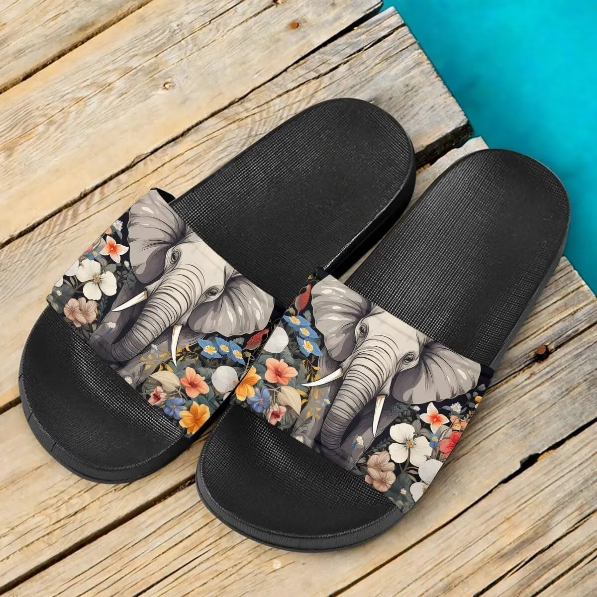 Elephant Print Women Slide Sandals Non Slip Summer House Slippers for Girls Slip-on Flip Flops Cusual Beach Sandal Athletic Sandals