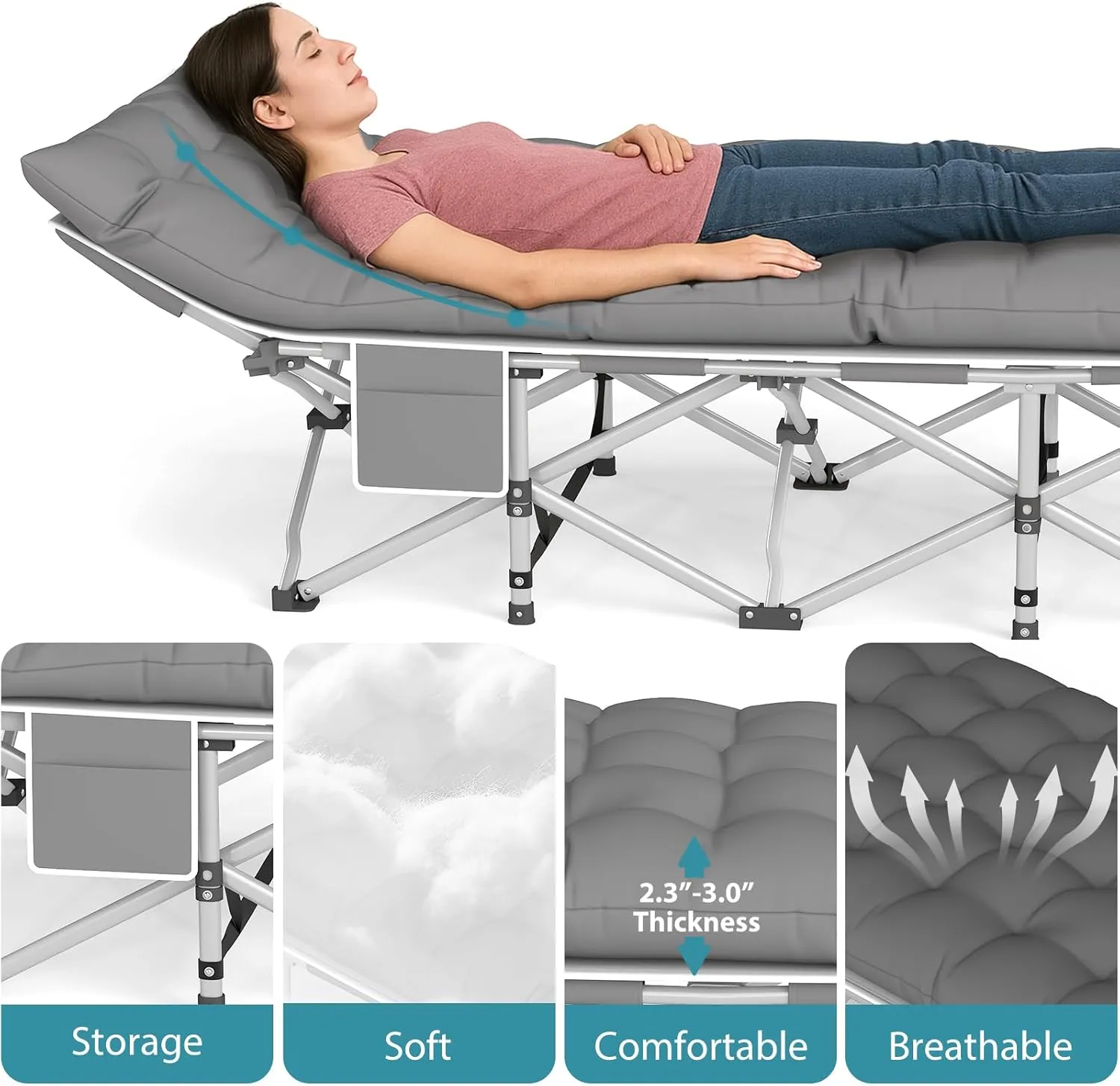 Folding Camping Cot for Adults, Heavy Duty Sleeping Cots with Mattress, Carry Bag, 1200D Double Layer Oxford Portable Camp Cots for Home Office Outdoor