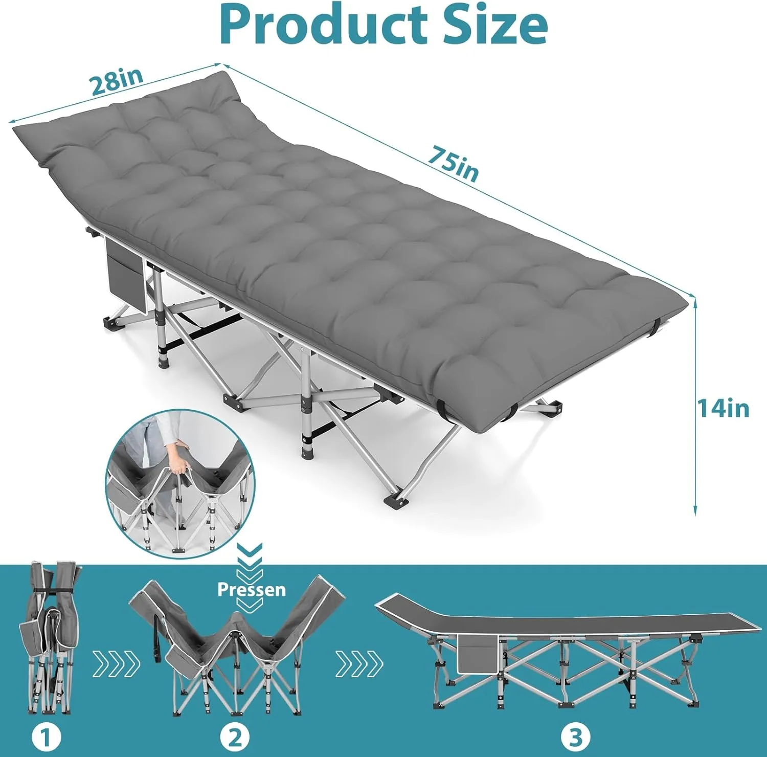 Folding Camping Cot for Adults, Heavy Duty Sleeping Cots with Mattress, Carry Bag, 1200D Double Layer Oxford Portable Camp Cots for Home Office Outdoor