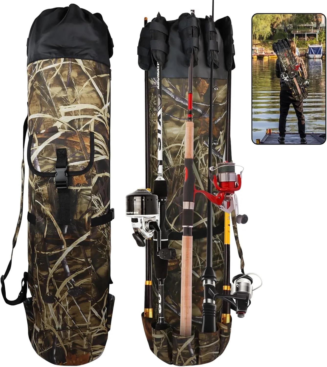 FOUUAAOOU Fishing Rod Bag, Fish Pole Case Bag with Durable Folding Oxford Fabric, Portable Fishing Gear for Men Fishing Gifts (Camouflage)