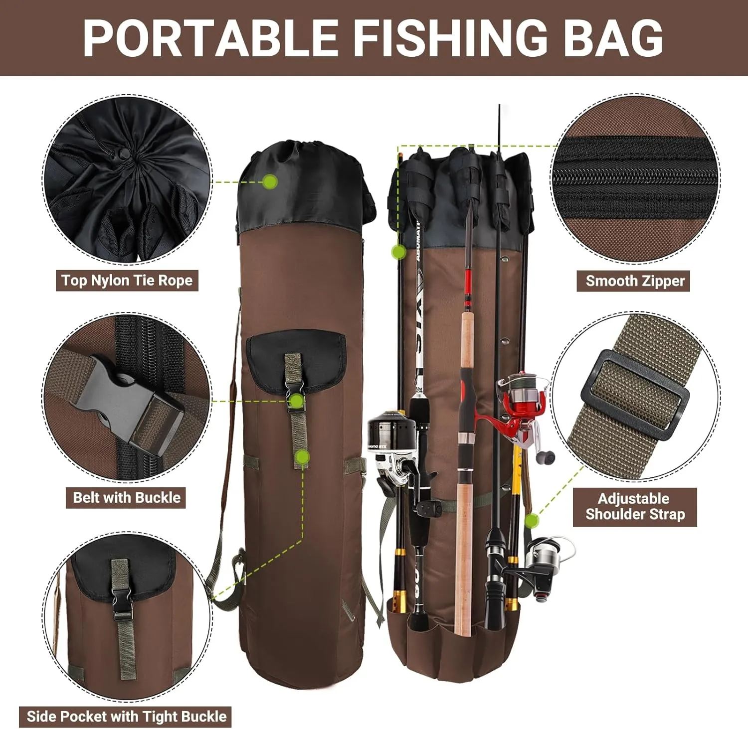 FOUUAAOOU Fishing Rod Bag, Fish Pole Case Bag with Durable Folding Oxford Fabric, Portable Fishing Gear for Men Fishing Gifts (Coffee)
