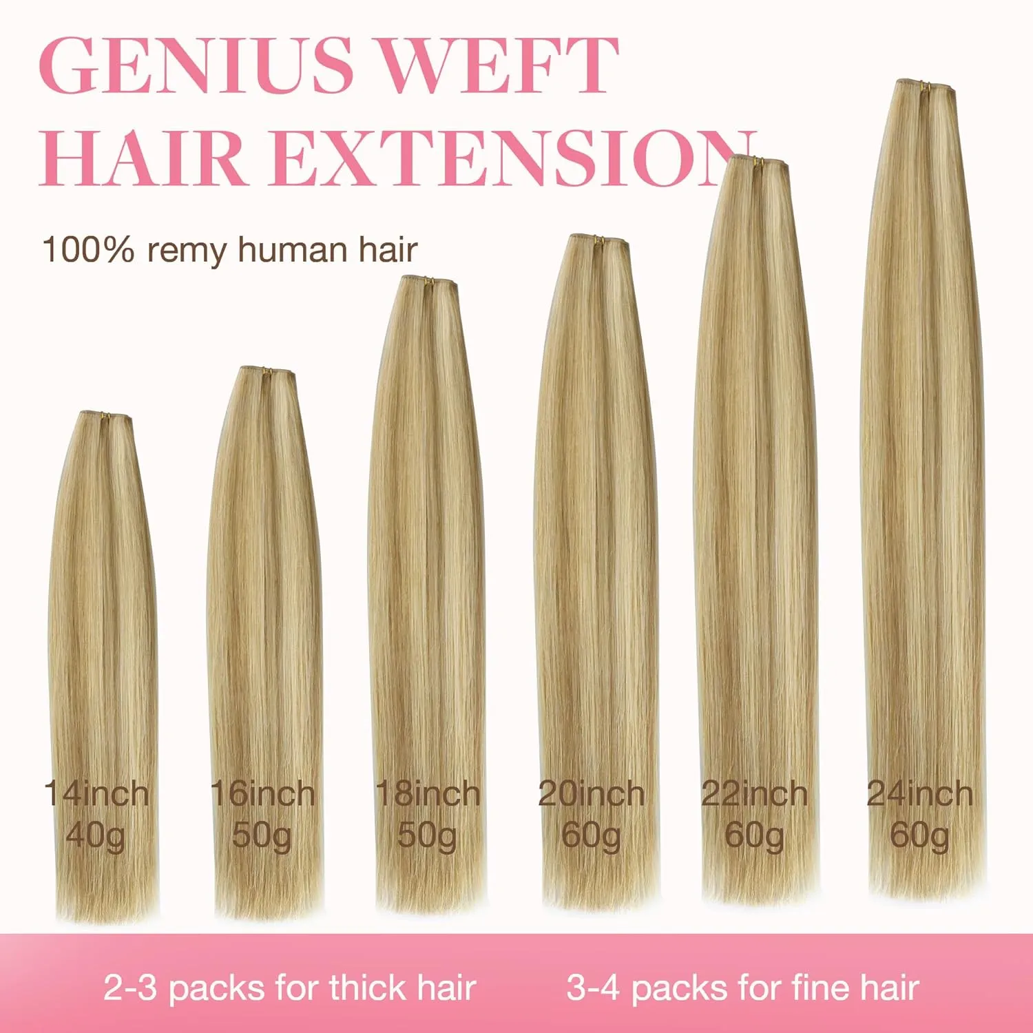 GOO GOO Genius Human Hair Weft Extensions, Sew In Rooted Remy, 16/22 Light Blonde Highlighted Golden Blonde 14inch 40g, Hand Tied