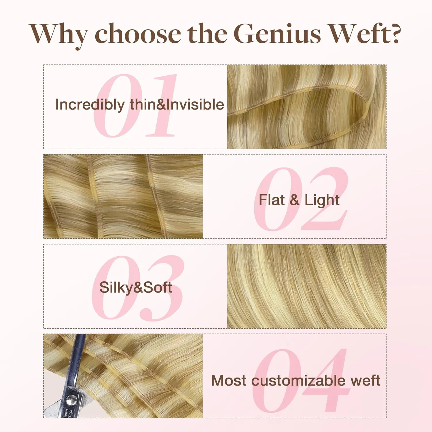 GOO GOO Genius Human Hair Weft Extensions, Sew In Rooted Remy, 16/22 Light Blonde Highlighted Golden Blonde 14inch 40g, Hand Tied