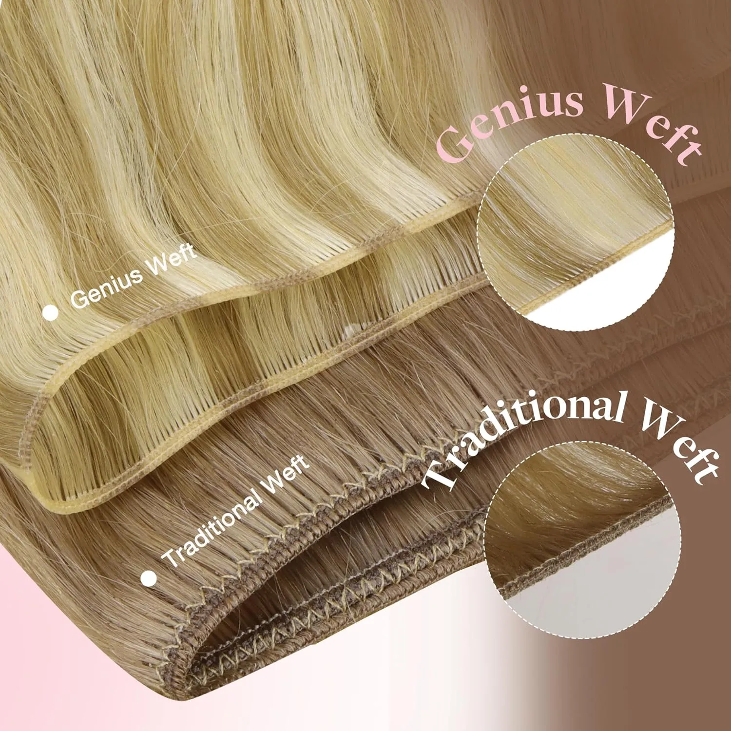 GOO GOO Genius Human Hair Weft Extensions, Sew In Rooted Remy, 16/22 Light Blonde Highlighted Golden Blonde 14inch 40g, Hand Tied
