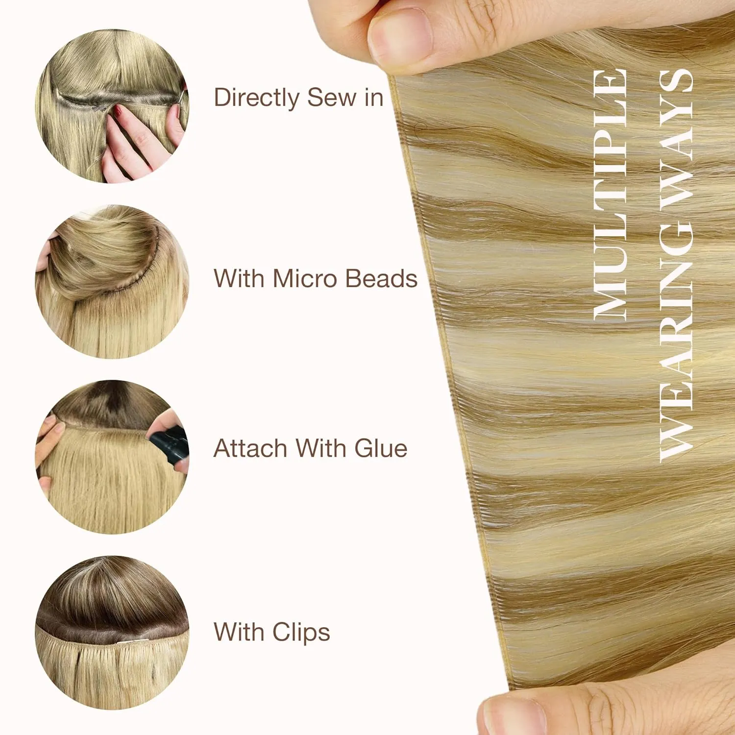GOO GOO Genius Human Hair Weft Extensions, Sew In Rooted Remy, 16/22 Light Blonde Highlighted Golden Blonde 14inch 40g, Hand Tied