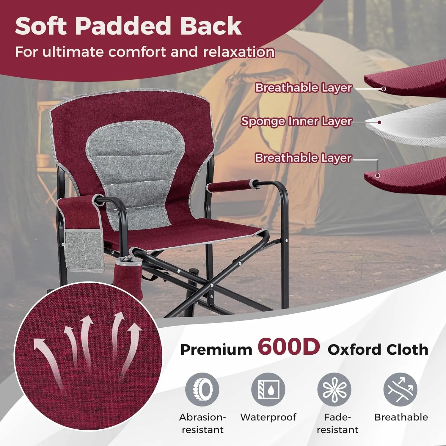 Goplus Outdoor Rocker Camping Chairs for Adults, Portable Folding Chair w/Dual Springs, Padded Back, Cup Holder, Storage Pocket, Heavy-Duty Rocking Arm Chair for Beach Lawn Travel Fishing(2,Wine)