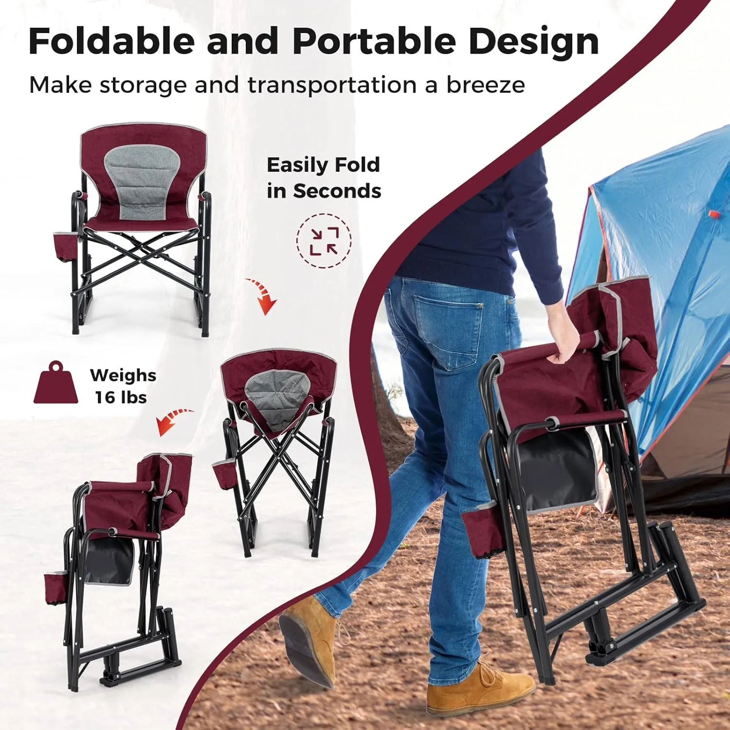 Goplus Outdoor Rocker Camping Chairs for Adults, Portable Folding Chair w/Dual Springs, Padded Back, Cup Holder, Storage Pocket, Heavy-Duty Rocking Arm Chair for Beach Lawn Travel Fishing(2,Wine)