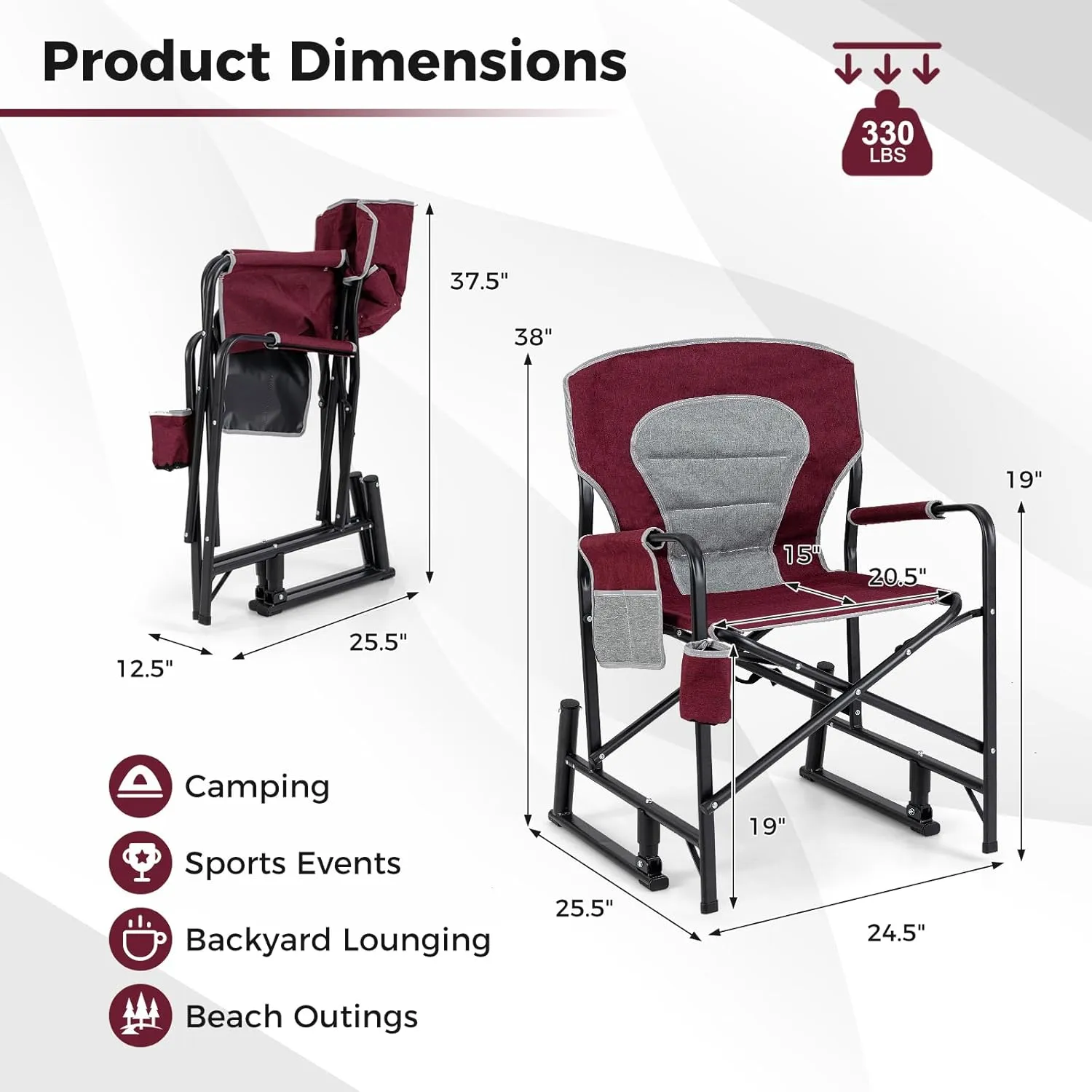 Goplus Outdoor Rocker Camping Chairs for Adults, Portable Folding Chair w/Dual Springs, Padded Back, Cup Holder, Storage Pocket, Heavy-Duty Rocking Arm Chair for Beach Lawn Travel Fishing(2,Wine)