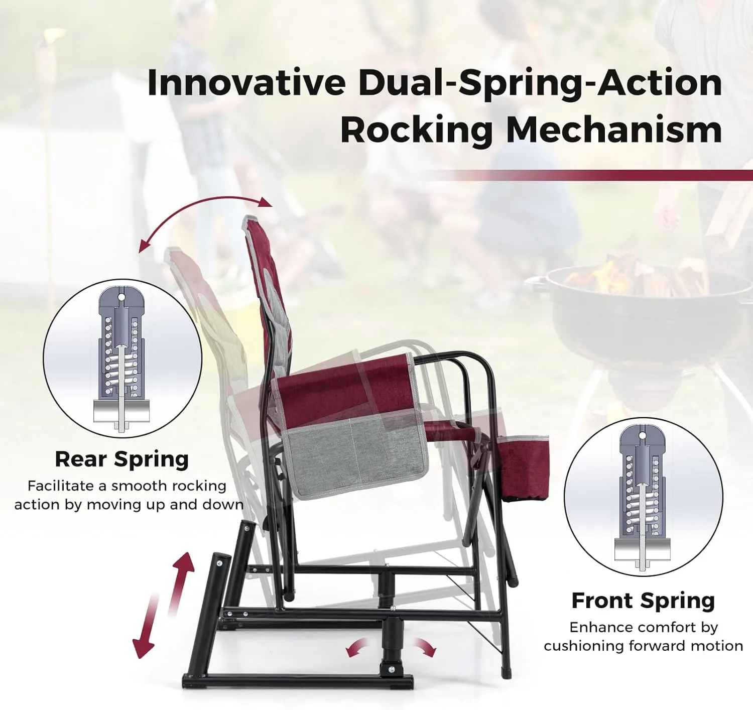 Goplus Outdoor Rocker Camping Chairs for Adults, Portable Folding Chair w/Dual Springs, Padded Back, Cup Holder, Storage Pocket, Heavy-Duty Rocking Arm Chair for Beach Lawn Travel Fishing(2,Wine)