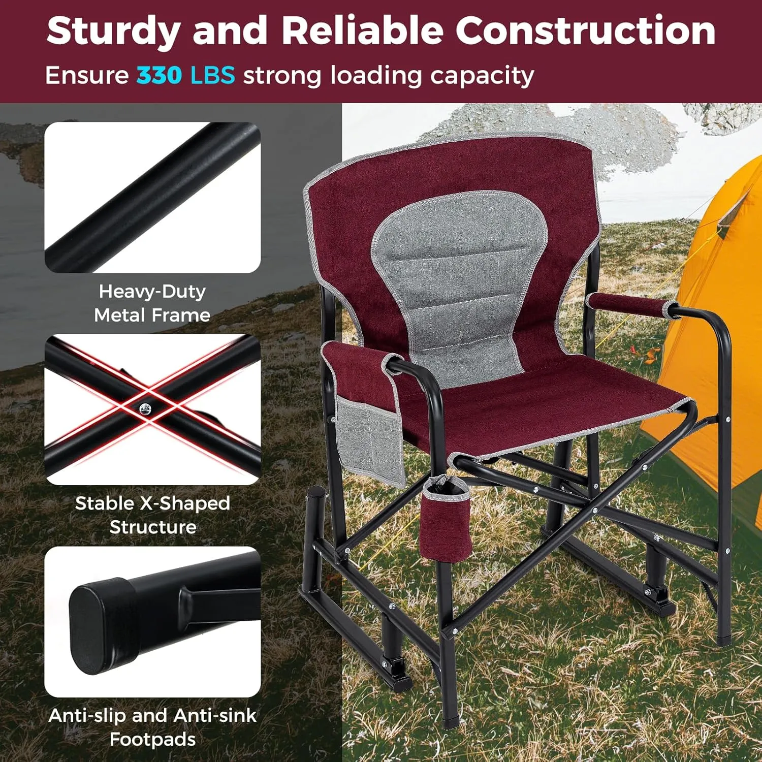 Goplus Outdoor Rocker Camping Chairs for Adults, Portable Folding Chair w/Dual Springs, Padded Back, Cup Holder, Storage Pocket, Heavy-Duty Rocking Arm Chair for Beach Lawn Travel Fishing(2,Wine)