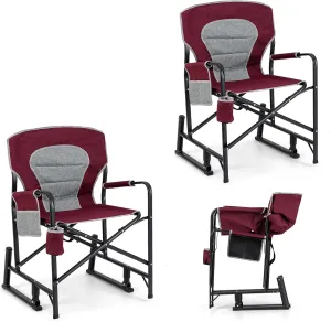 Goplus Outdoor Rocker Camping Chairs for Adults, Portable Folding Chair w/Dual Springs, Padded Back, Cup Holder, Storage Pocket, Heavy-Duty Rocking Arm Chair for Beach Lawn Travel Fishing(2,Wine)