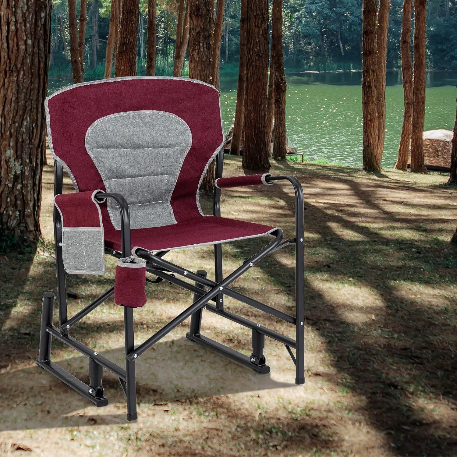 Goplus Outdoor Rocker Camping Chairs for Adults, Portable Folding Chair w/Dual Springs, Padded Back, Cup Holder, Storage Pocket, Heavy-Duty Rocking Arm Chair for Beach Lawn Travel Fishing(2,Wine)