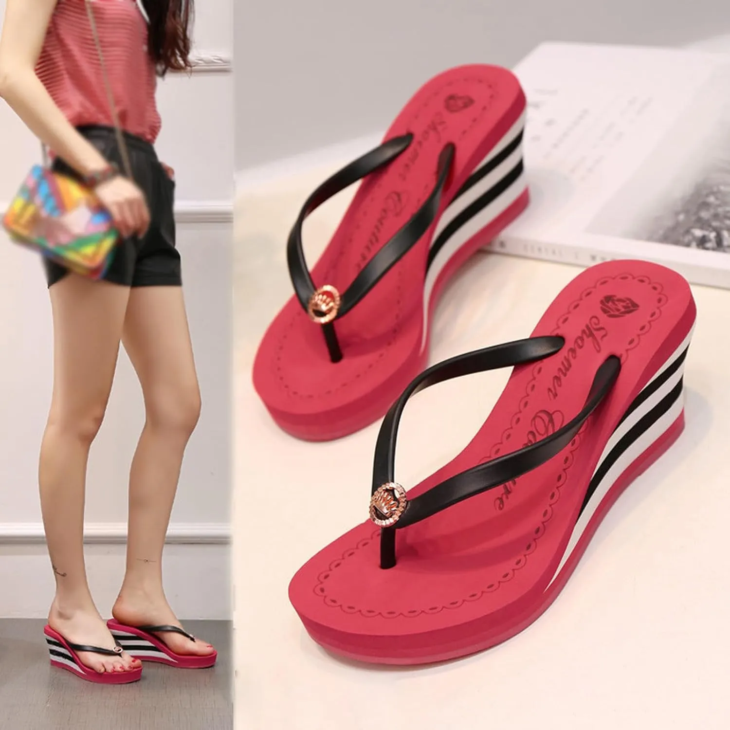 KCTRFSJ Women Sparkly Rhinestone Super High Heel Flops Sandals Stripe Wedge Platform Clip Toe Flip Flops,Slip-On Comfort Non-Slip Walking Slippers