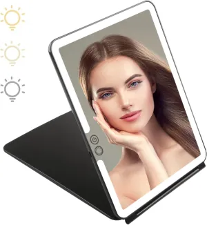 KDKD Folding Travel Mirror Lighted Makeup Mirror with 72 LEDs 3 Colors Light Modes USB Rechargable 2000mA Batteries Ultra Thin Compact Vanity Mirror with Touch Screen Dimming for Cosmetic Black