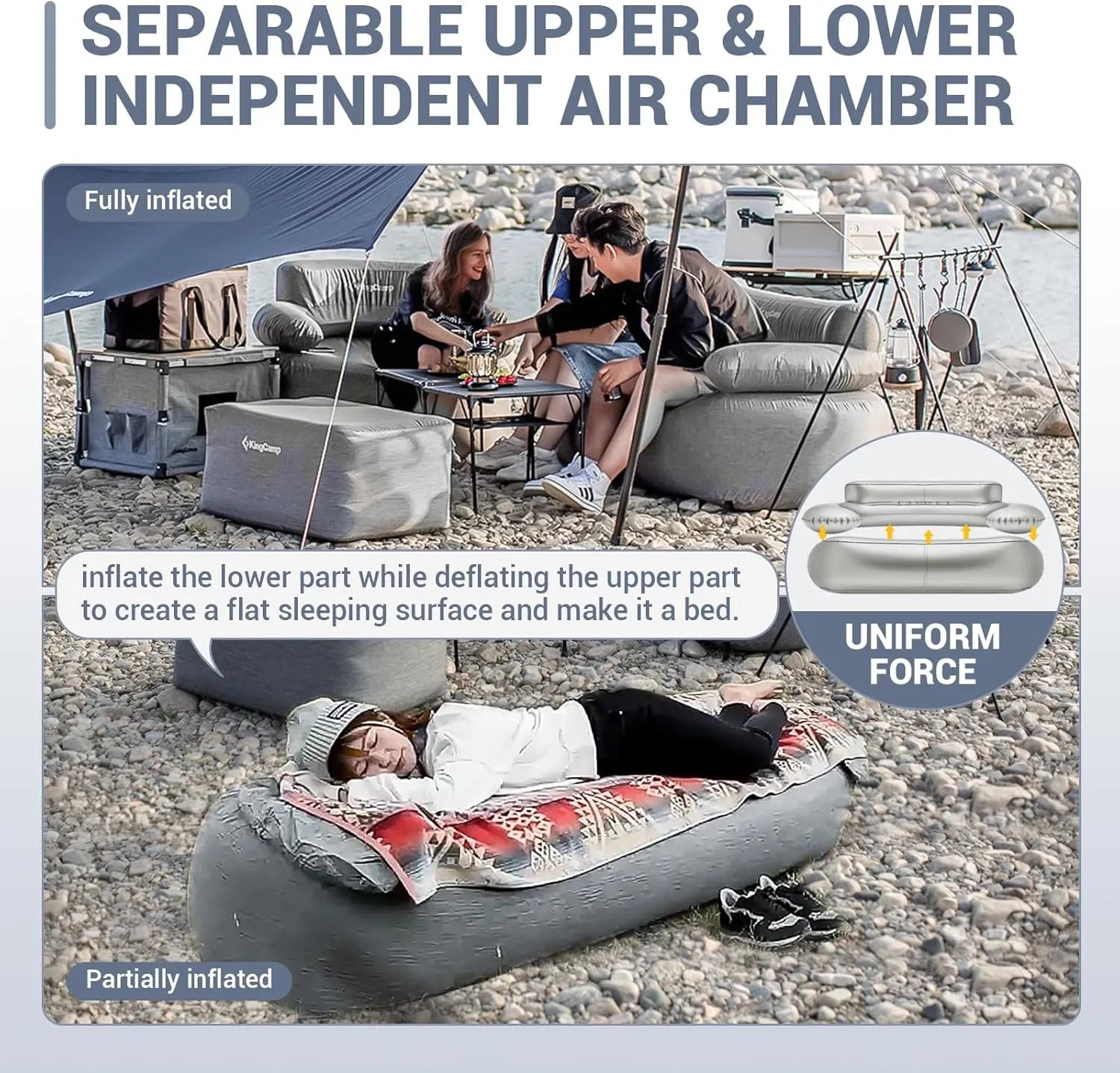 KingCamp Double Inflatable Couch for Camping, Portable Foldable Eco-Friendly Reach-Certified PVC Liner Air Lounger 2-Person Blow Up Sofa with Foot Pump, Pegs, Repair Kit & Removable Cover