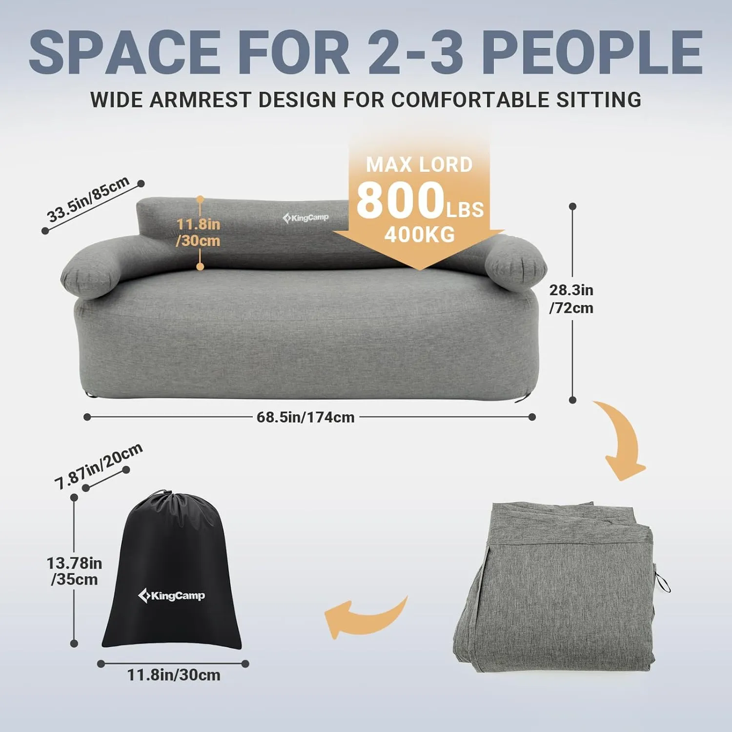 KingCamp Double Inflatable Couch for Camping, Portable Foldable Eco-Friendly Reach-Certified PVC Liner Air Lounger 2-Person Blow Up Sofa with Foot Pump, Pegs, Repair Kit & Removable Cover