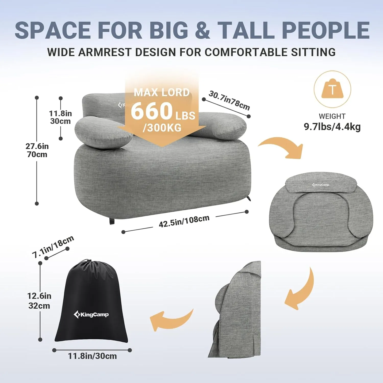 KingCamp Inflatable Couch for Camping, Portable Foldable Eco-Friendly Reach-Certified PVC Liner Air Lounger Blow Up Sofa with Foot Pump, Pegs, Repair Kit & Removable Cover