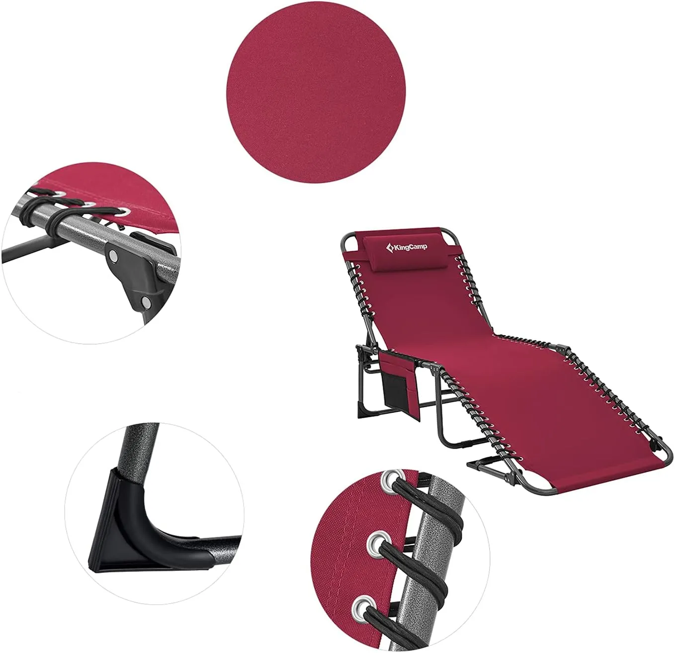 KingCamp Lounge Chair Outdoor, Folding Portable Tanning Chairs Comfy Adjustable 5-Position Lay Flat Foldable Chaise Chaser Lounger with Pillow for Outside Beach Patio Sun Bathing Backyard Pool, Wine