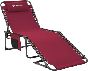 KingCamp Lounge Chair Outdoor, Folding Portable Tanning Chairs Comfy Adjustable 5-Position Lay Flat Foldable Chaise Chaser Lounger with Pillow for Outside Beach Patio Sun Bathing Backyard Pool, Wine