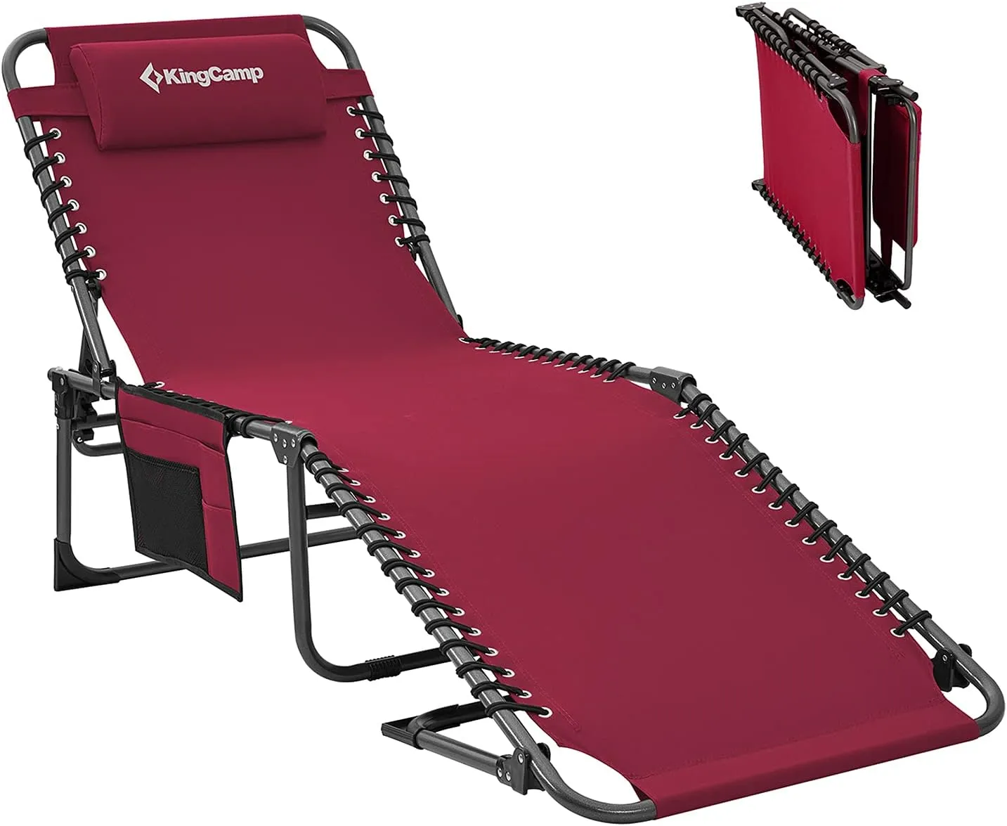 KingCamp Lounge Chair Outdoor, Folding Portable Tanning Chairs Comfy Adjustable 5-Position Lay Flat Foldable Chaise Chaser Lounger with Pillow for Outside Beach Patio Sun Bathing Backyard Pool, Wine
