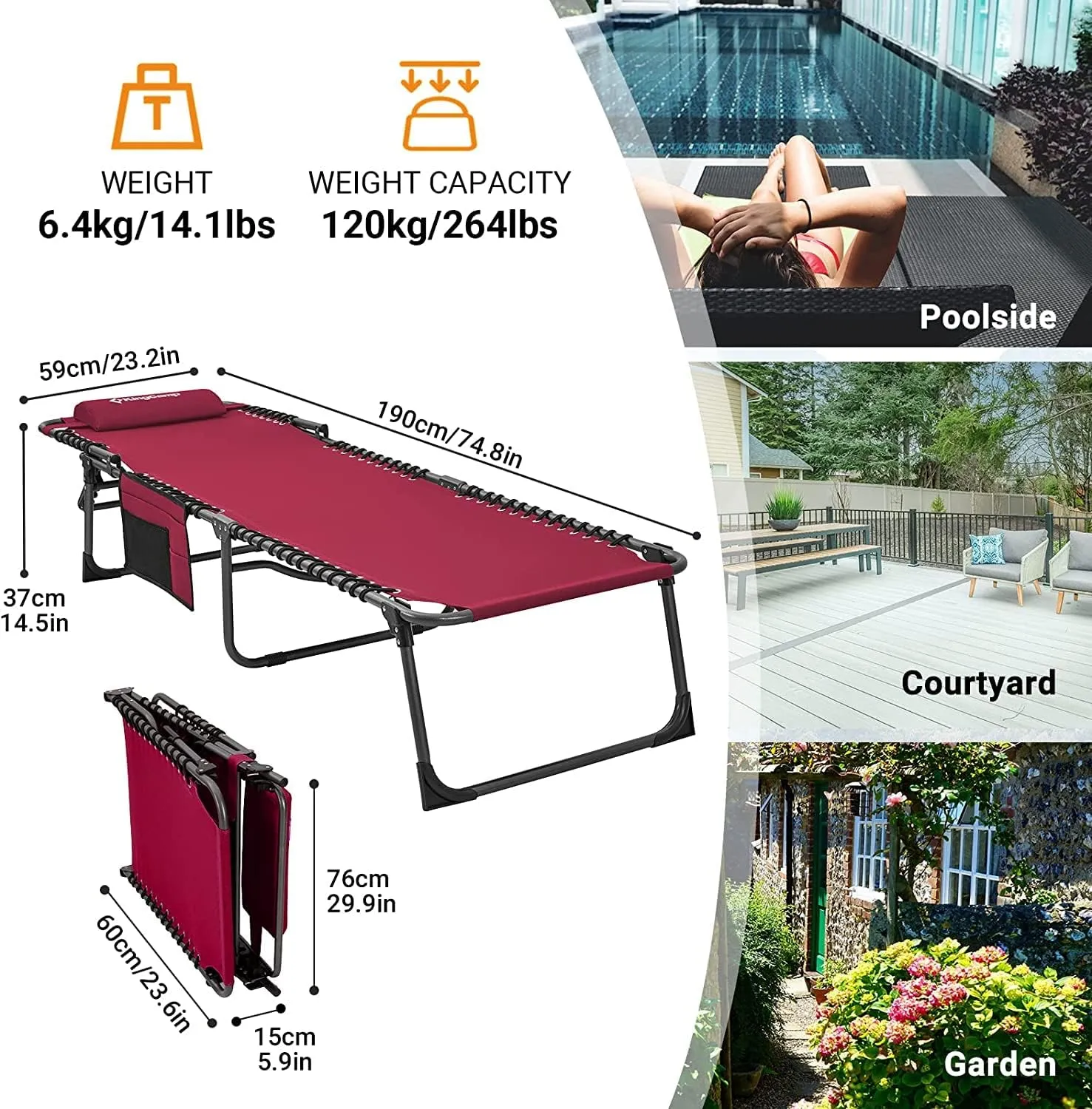 KingCamp Lounge Chair Outdoor, Folding Portable Tanning Chairs Comfy Adjustable 5-Position Lay Flat Foldable Chaise Chaser Lounger with Pillow for Outside Beach Patio Sun Bathing Backyard Pool, Wine