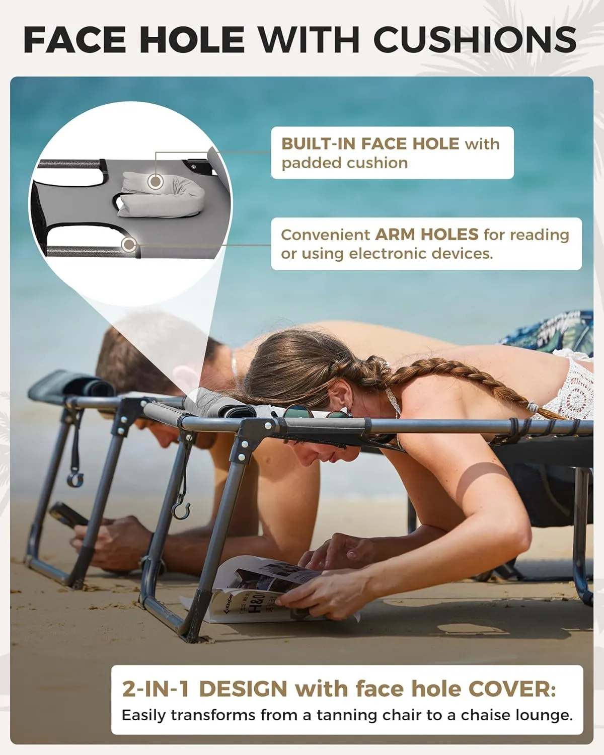 KingCamp Tanning Chair with Face Hole, Lounge Chairs Outdoor Folding Portable Comfy Adjustable 5-Position Foldable Chaise Chaser with Canopy Shade for Outside Beach Patio Sun Bathing Pool, Grey