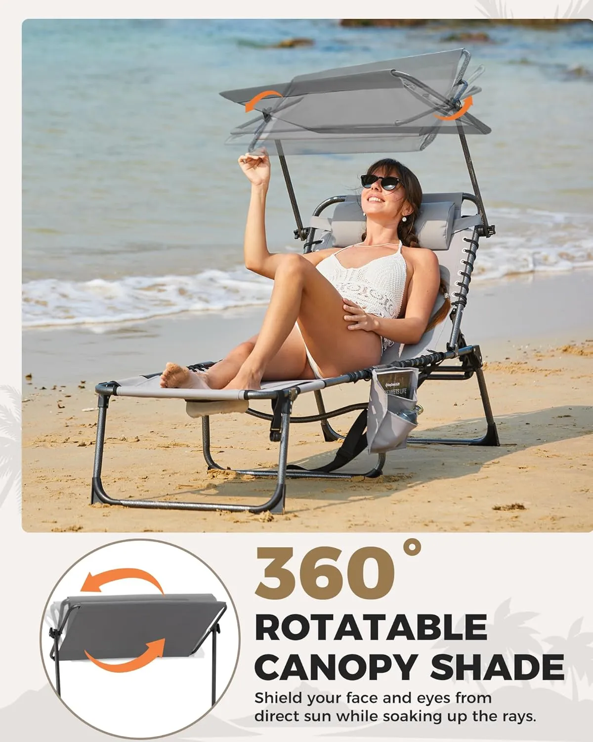 KingCamp Tanning Chair with Face Hole, Lounge Chairs Outdoor Folding Portable Comfy Adjustable 5-Position Foldable Chaise Chaser with Canopy Shade for Outside Beach Patio Sun Bathing Pool, Grey