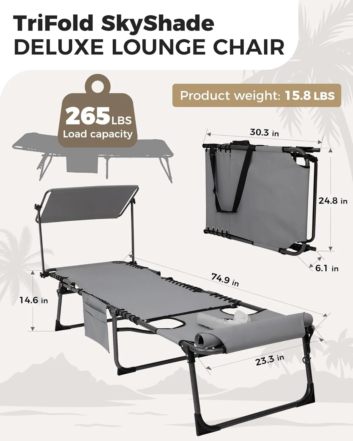 KingCamp Tanning Chair with Face Hole, Lounge Chairs Outdoor Folding Portable Comfy Adjustable 5-Position Foldable Chaise Chaser with Canopy Shade for Outside Beach Patio Sun Bathing Pool, Grey