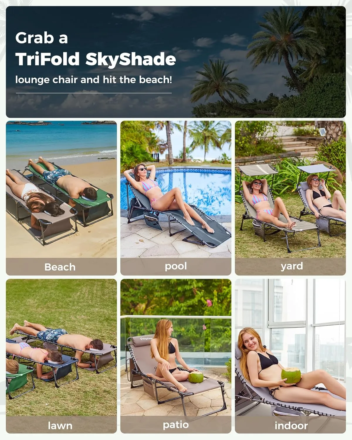 KingCamp Tanning Chair with Face Hole, Lounge Chairs Outdoor Folding Portable Comfy Adjustable 5-Position Foldable Chaise Chaser with Canopy Shade for Outside Beach Patio Sun Bathing Pool, Grey