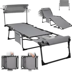 KingCamp Tanning Chair with Face Hole, Lounge Chairs Outdoor Folding Portable Comfy Adjustable 5-Position Foldable Chaise Chaser with Canopy Shade for Outside Beach Patio Sun Bathing Pool, Grey