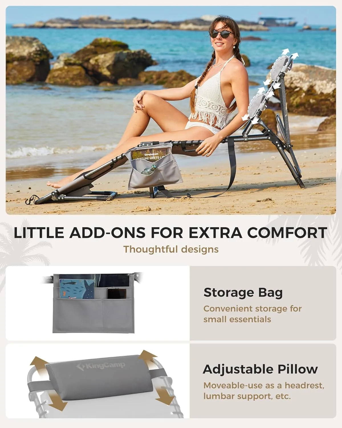 KingCamp Tanning Chair with Face Hole, Lounge Chairs Outdoor Folding Portable Comfy Adjustable 5-Position Foldable Chaise Chaser with Canopy Shade for Outside Beach Patio Sun Bathing Pool, Grey
