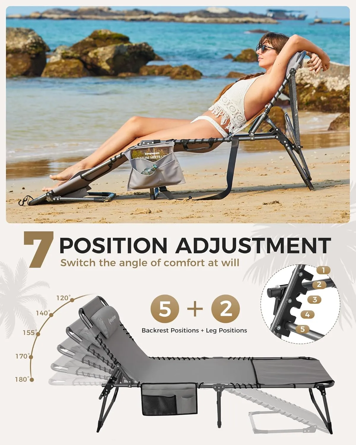 KingCamp Tanning Chair with Face Hole, Lounge Chairs Outdoor Folding Portable Comfy Adjustable 5-Position Foldable Chaise Chaser with Canopy Shade for Outside Beach Patio Sun Bathing Pool, Grey