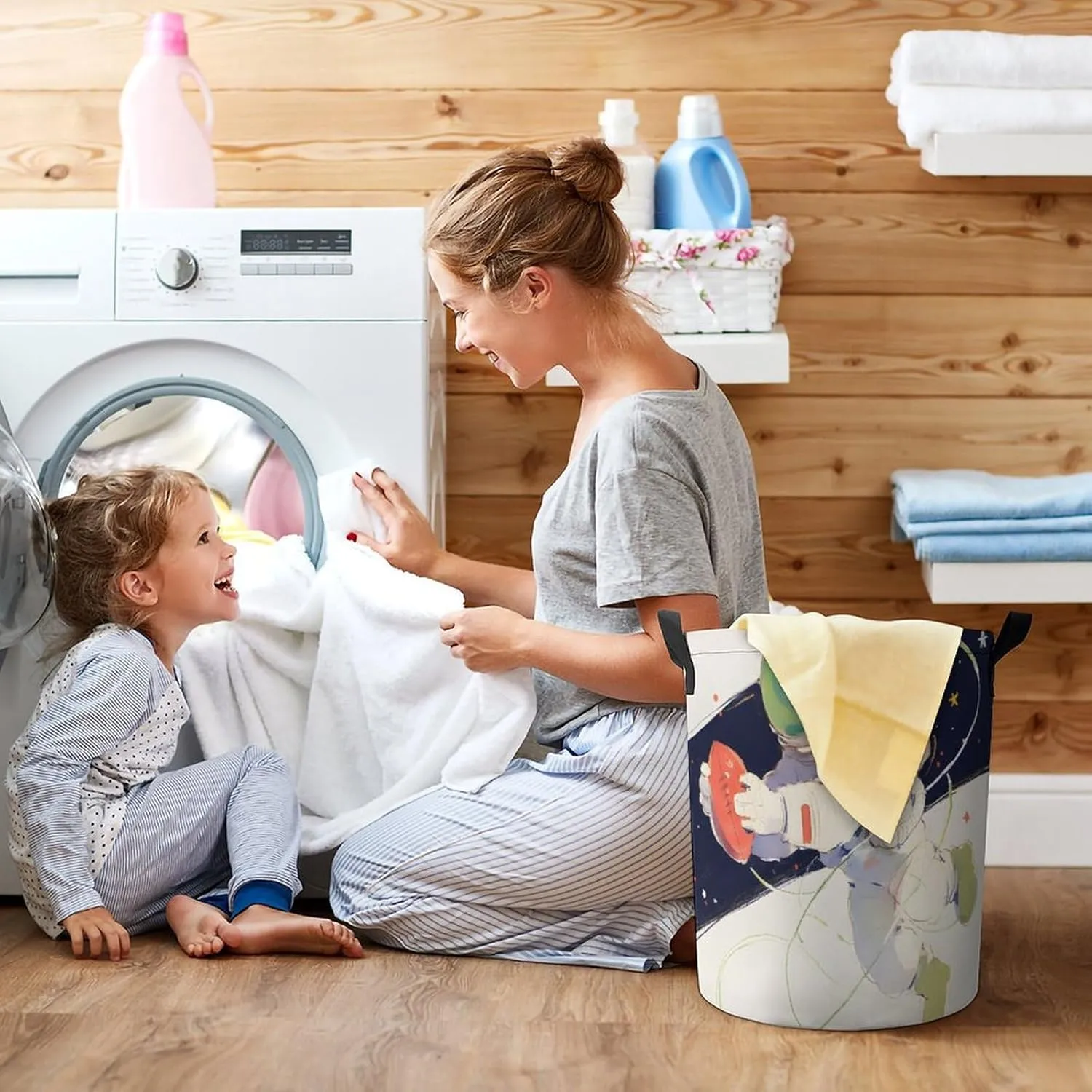 Laundry Hampers, Large Drawstring Laundry Bag, Removable Laundry Bags, Collapsible Storage Bin with Handles for Home Organization, Kids Room, Nursery Astronaut