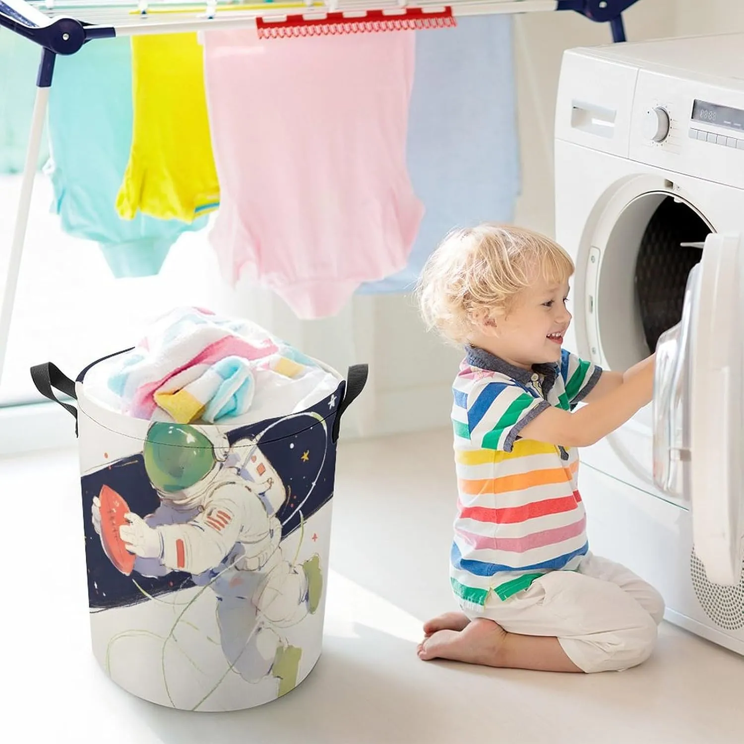 Laundry Hampers, Large Drawstring Laundry Bag, Removable Laundry Bags, Collapsible Storage Bin with Handles for Home Organization, Kids Room, Nursery Astronaut