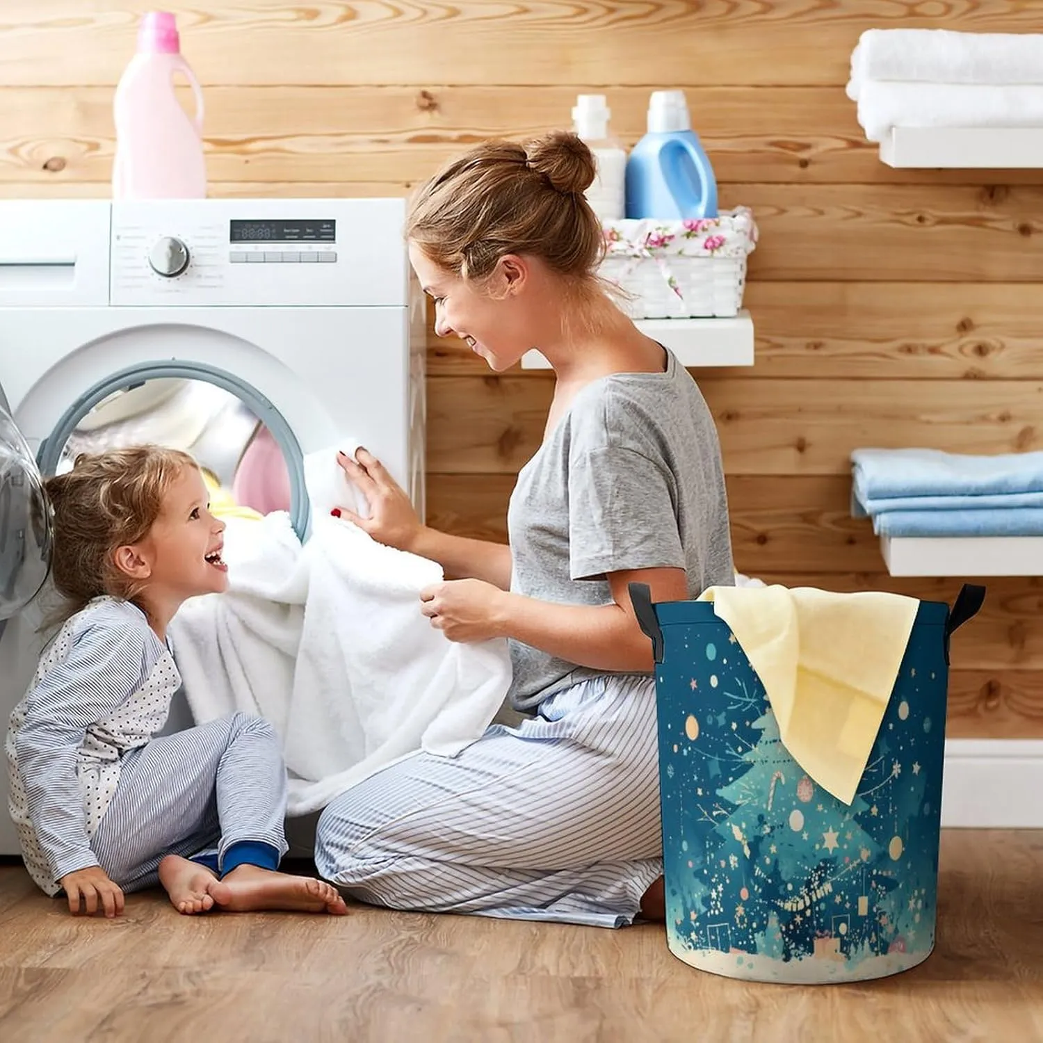 Laundry Hampers, Large Drawstring Laundry Bag, Removable Laundry Bags, Collapsible Storage Bin with Handles for Home Organization, Kids Room, Nursery Evergreen