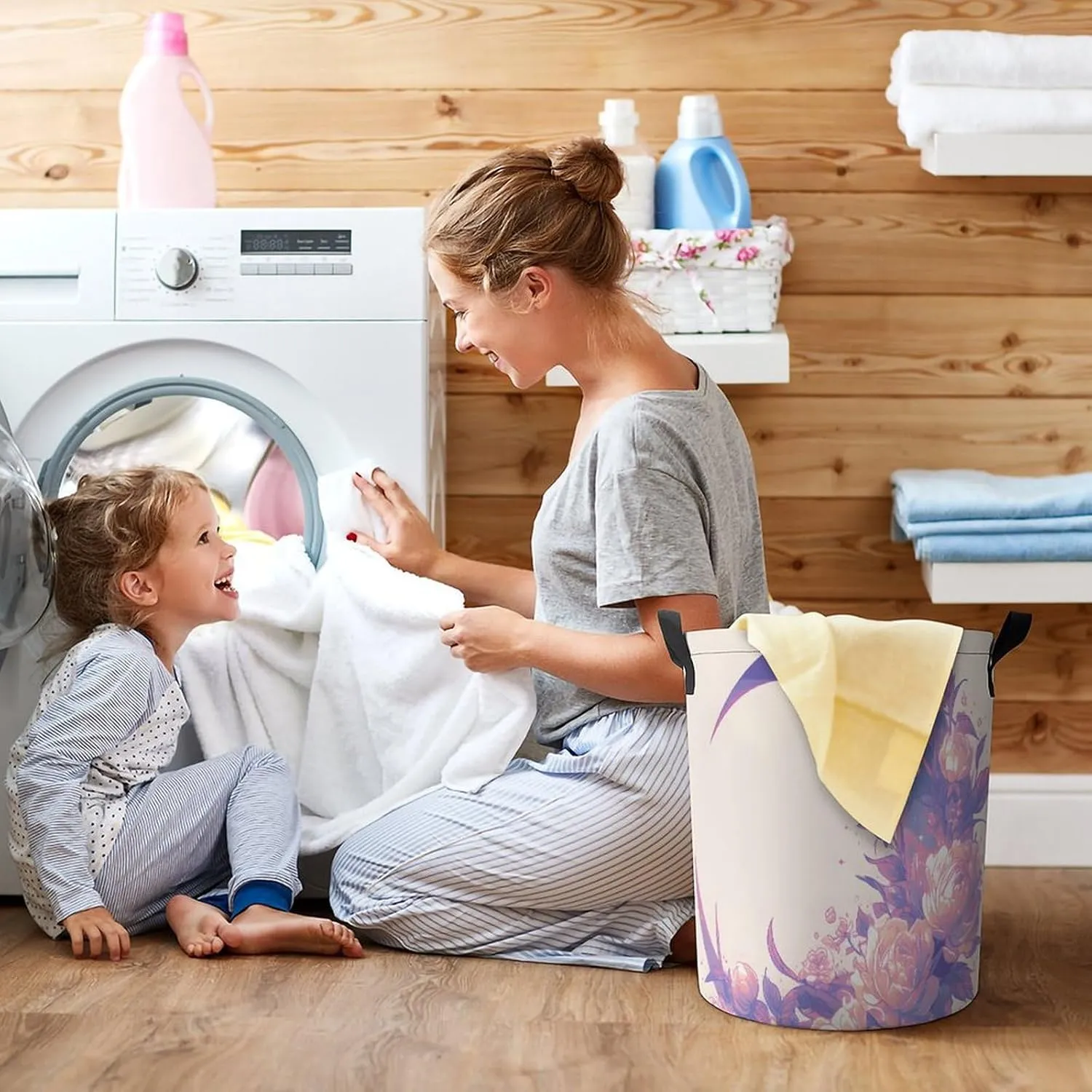 Laundry Hampers, Large Drawstring Laundry Bag, Removable Laundry Bags, Collapsible Storage Bin with Handles for Home Organization, Kids Room, Nursery Plant