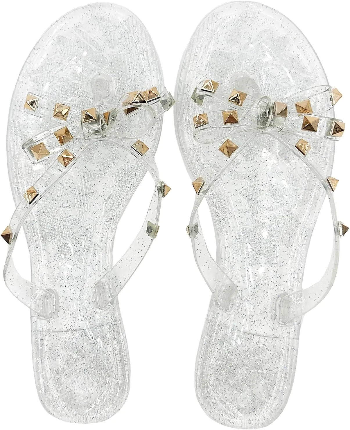 LAVRA Women’s Studded Sandals Bow T-Strap PVC Flip Flop Jelly Shoes
