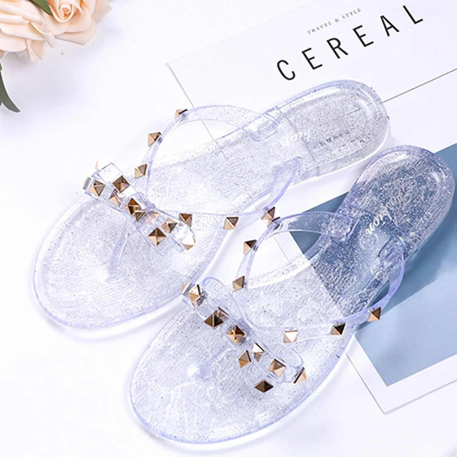 LAVRA Women’s Studded Sandals Bow T-Strap PVC Flip Flop Jelly Shoes