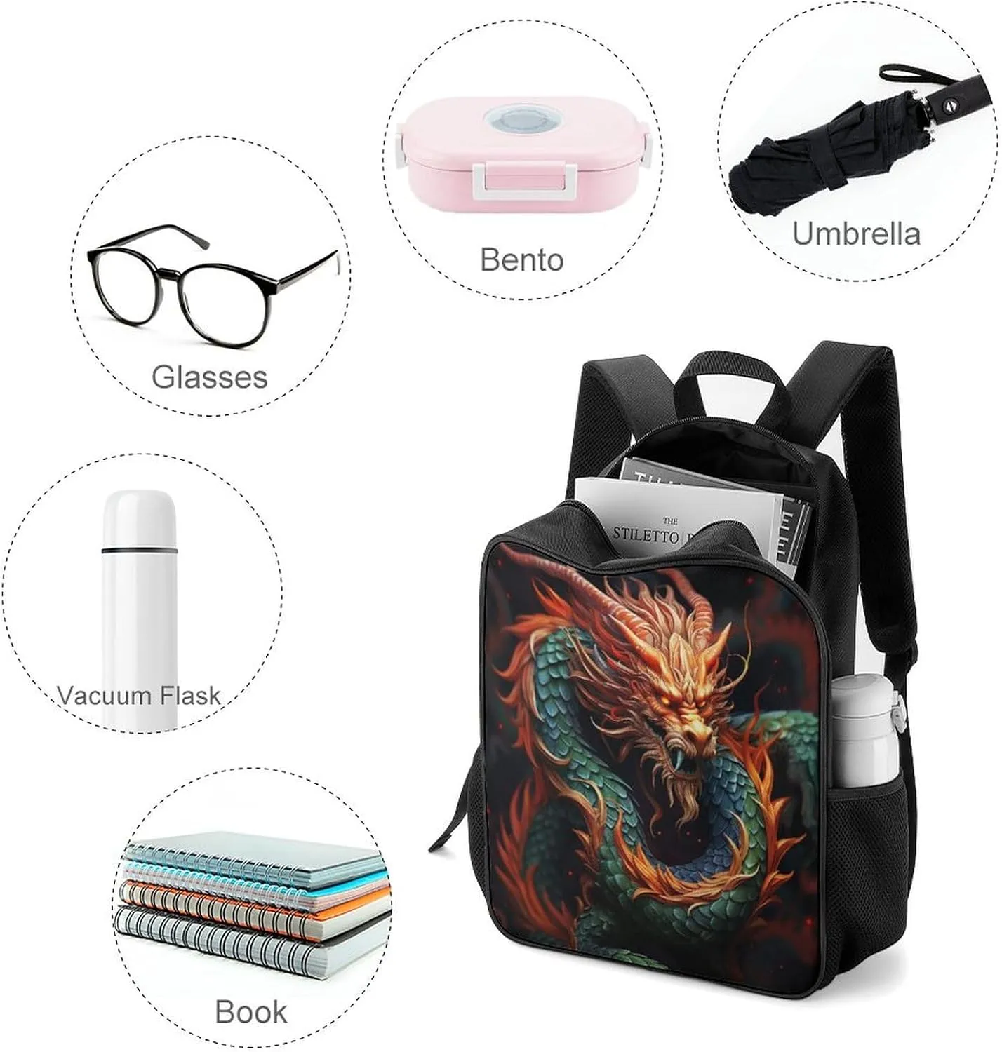 Lightweight Backpacks Cute Travel Bag Durable Chinese Serpent Printing Small Travel Backpack For Women & Men