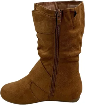 Link Klein-70K Girl's Kid's Faux Suede Two Buckle Zipper Flat Heel Mid Calf Slouchy Boot Shoes
