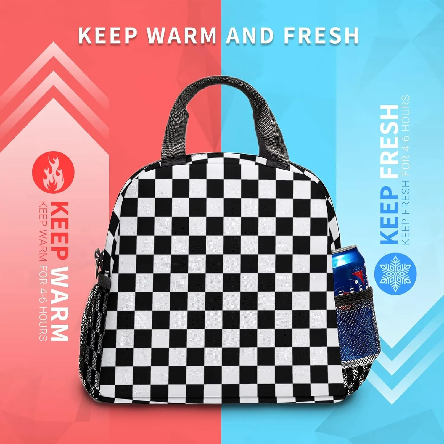Lunch Bag Insulated Lunch Box Reusable/Washable/Durable Lunchbox Lightweight Lunch Tote Bag (Checkered, One Size)