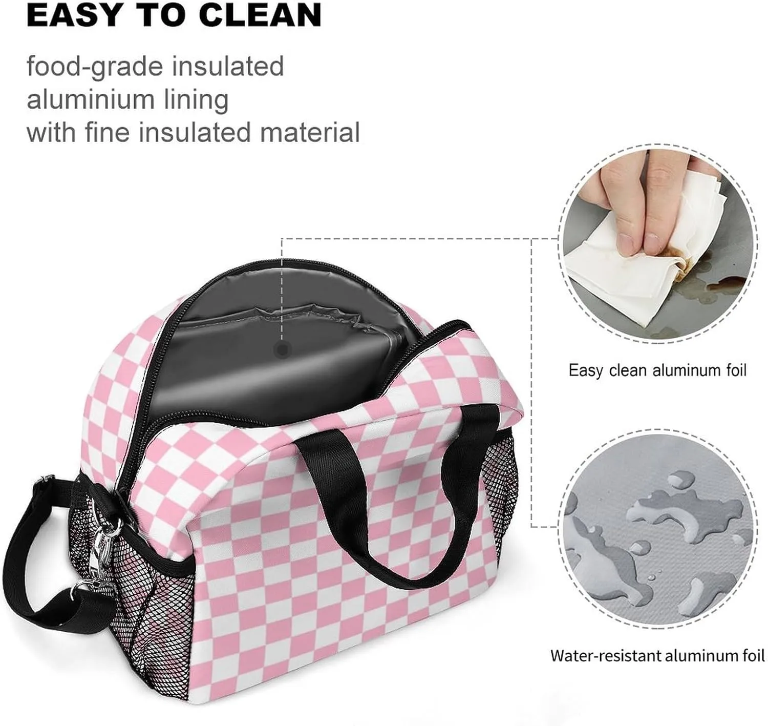 Lunch Bag Insulated Lunch Box Reusable/Washable/Durable Lunchbox Lightweight Lunch Tote Bag (Pink Checkered, One Size)
